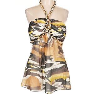 Cache Tan Brownish Gold Braided Halter Neck Cutout Silk Y2K Vintage Top NWT M